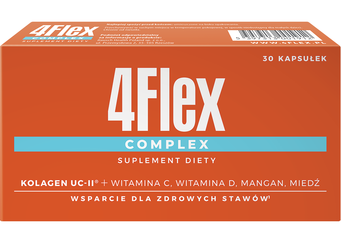Obraz przedstawia opakowanie suplementu diety 4Flex Complex. Produkt wspiera zdrowie staw&oacute;w, zawierając kolagen UC-II, witaminy C i D, mangan oraz miedź.