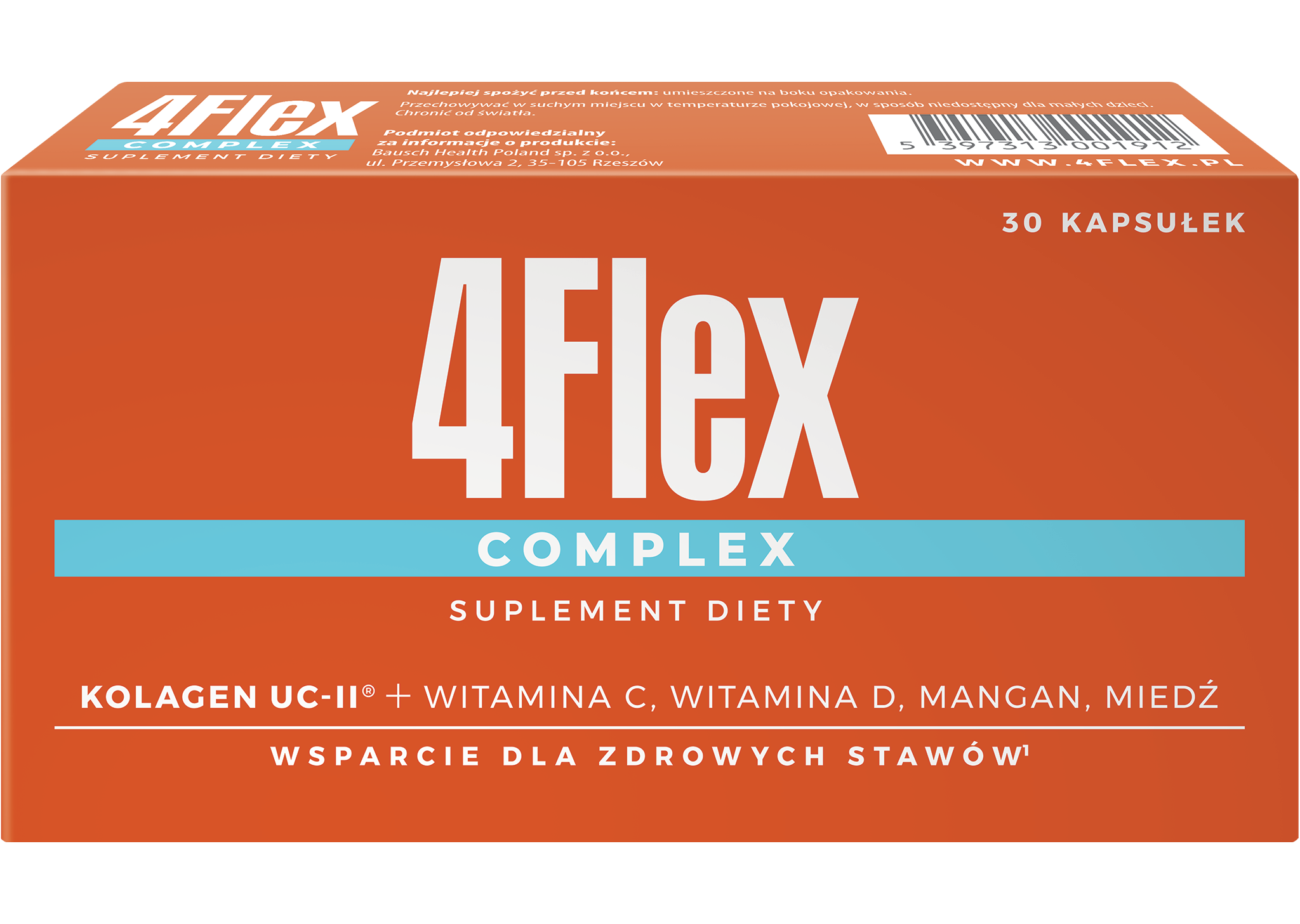 Obraz przedstawia opakowanie suplementu diety 4Flex Complex. Produkt wspiera zdrowie staw&oacute;w, zawierając kolagen UC-II, witaminy C i D, mangan oraz miedź.